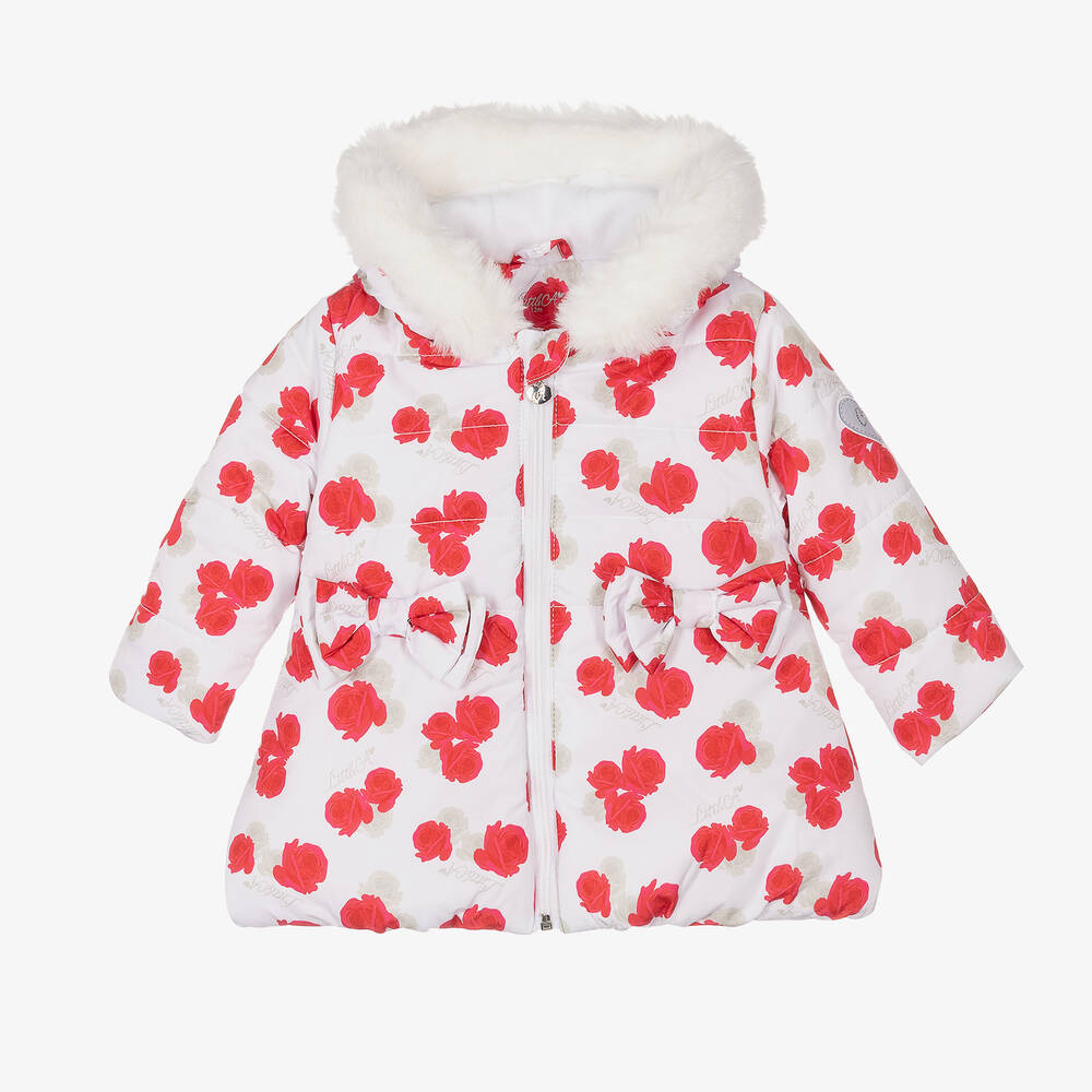 A Dee - Girls White & Red Puffer Coat | Childrensalon