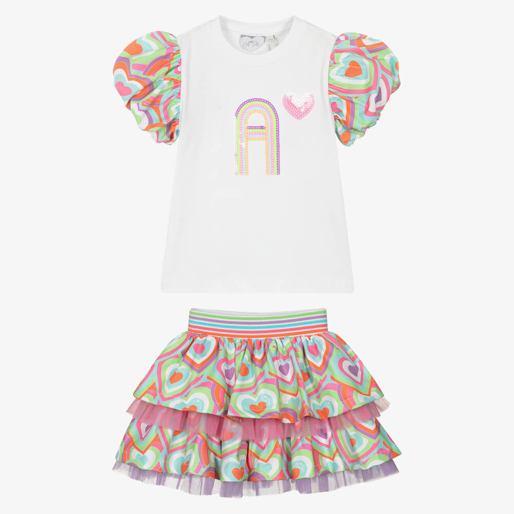 A Dee-طقم تنورة بيضاء للبنات مزين بالترتر والقلوب | Childrensalon Outlet