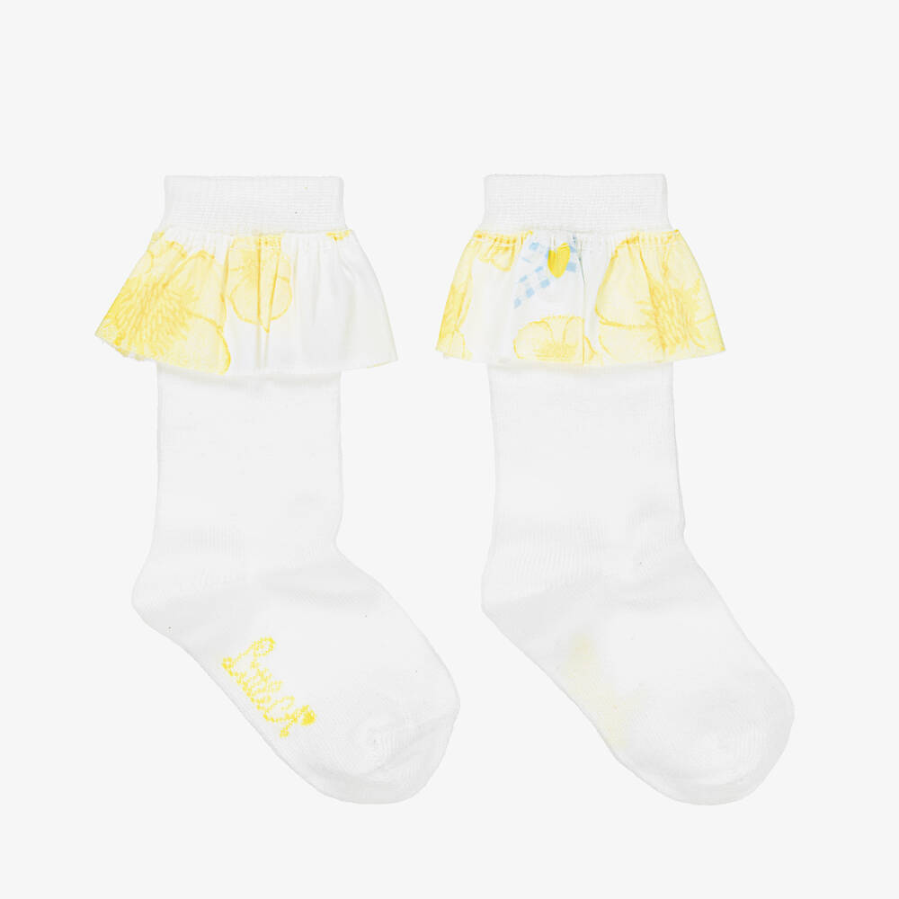 A Dee - Girls White & Yellow Ruffle Socks | Childrensalon