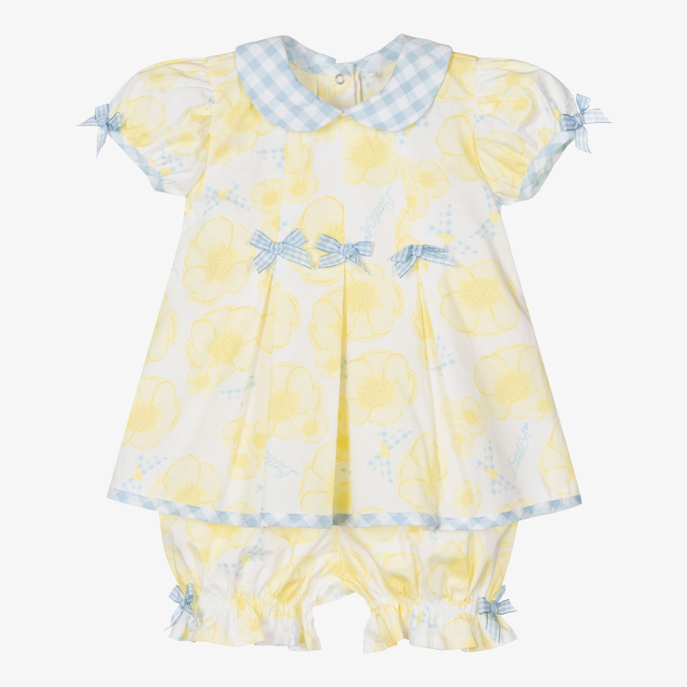 A Dee - طقم فستان قطن بوبلين لون أصفر وأزرق للبنات | Childrensalon