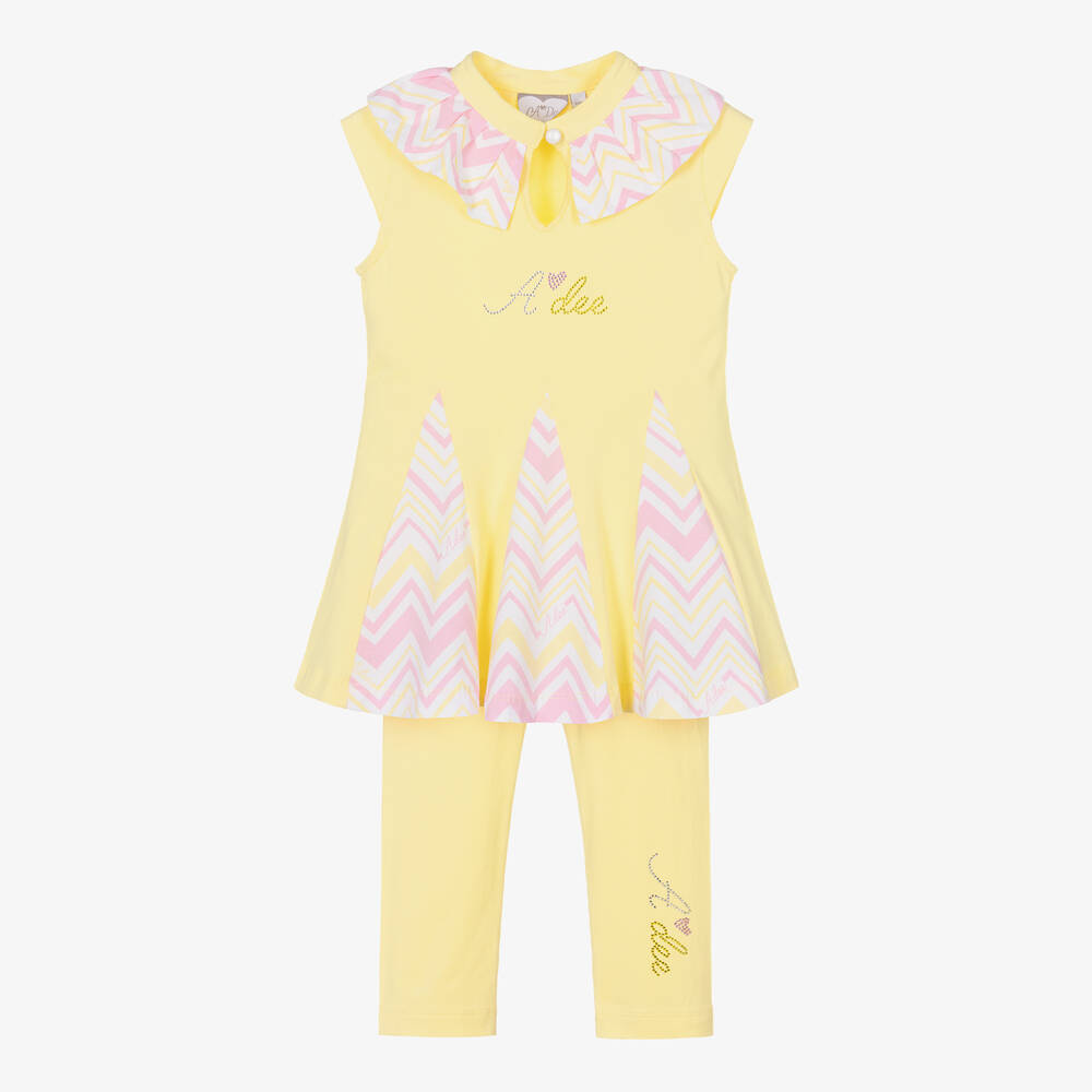 A Dee-Girls Yellow Cotton Zigzag Leggings Set | Childrensalon Outlet