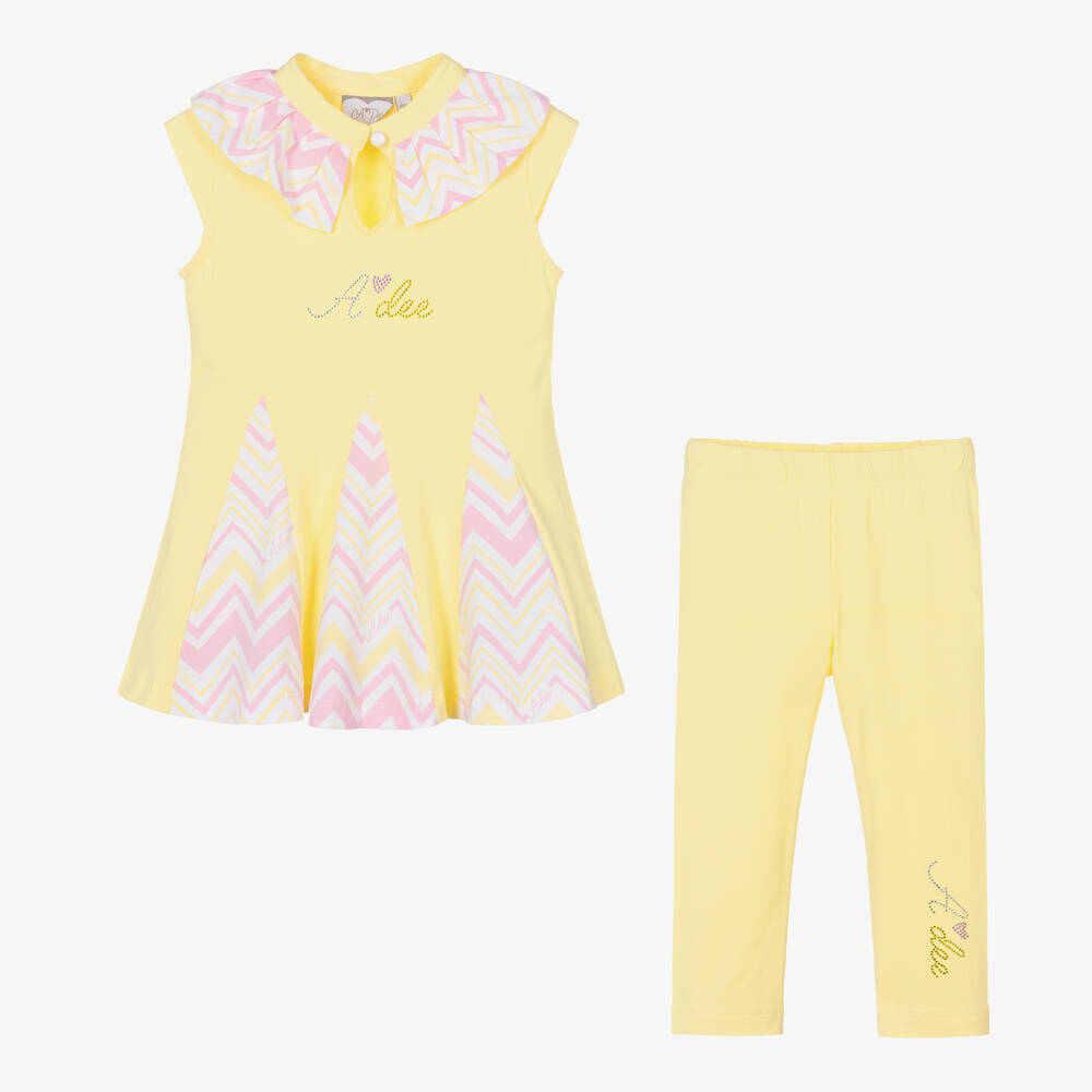 A Dee-Girls Yellow Cotton Zigzag Leggings Set | Childrensalon Outlet