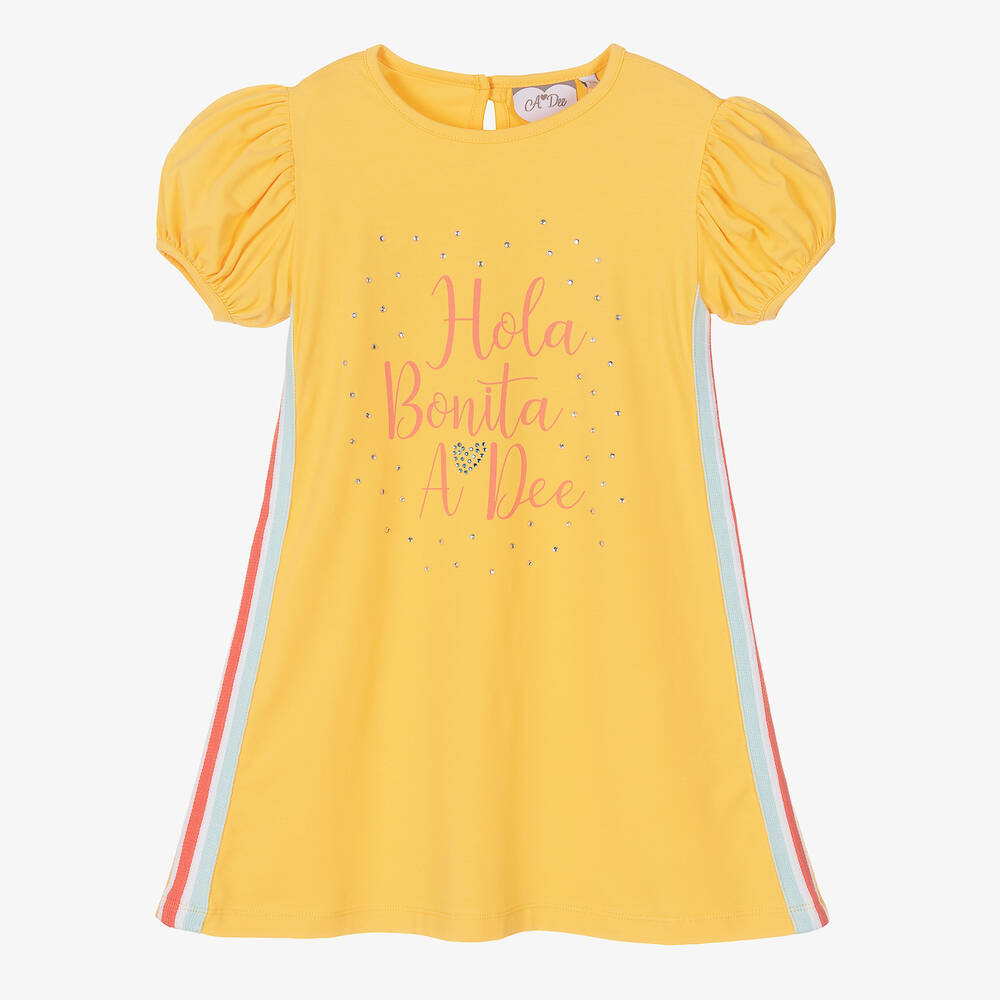 A Dee - Girls Yellow Diamanté Cotton Dress | Childrensalon