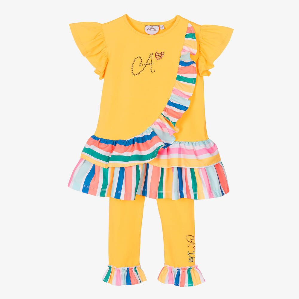 A Dee - Girls Yellow Stripe Cotton Leggings Set | Childrensalon