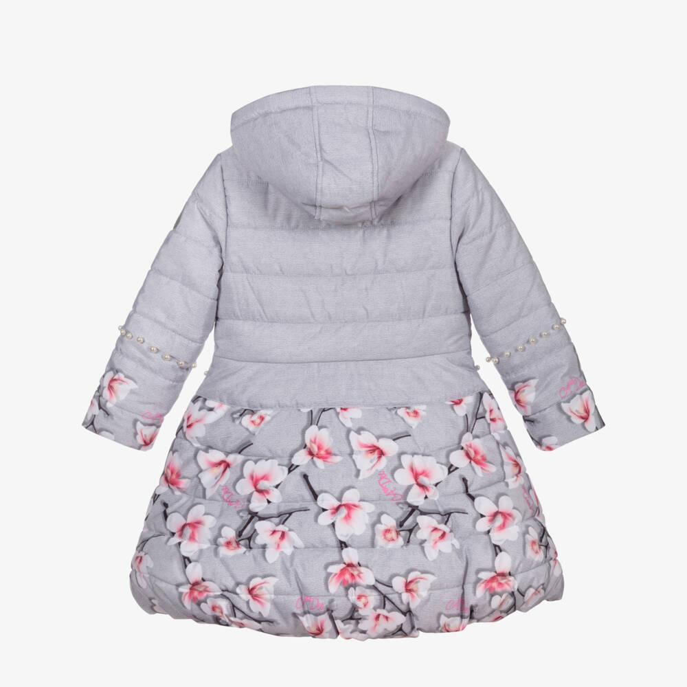 A Dee-Grey & Pink Floral Puffer Coat | Childrensalon Outlet