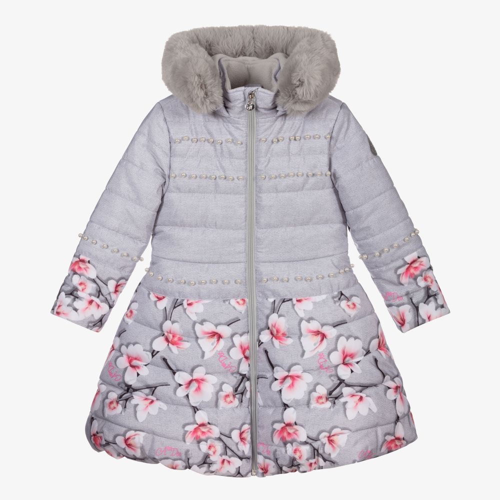 A Dee - Grey & Pink Floral Puffer Coat | Childrensalon
