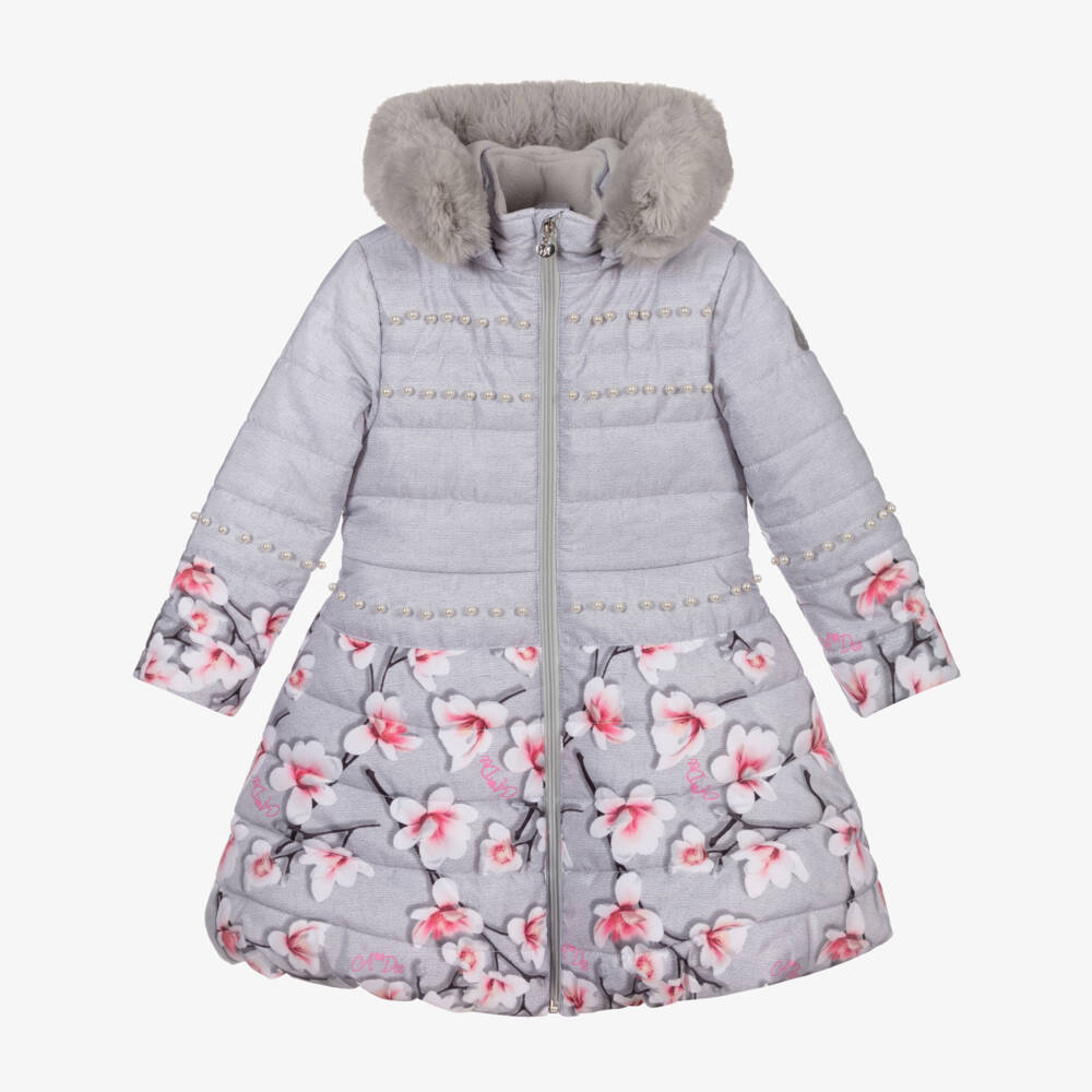 A Dee-Grey & Pink Floral Puffer Coat | Childrensalon Outlet