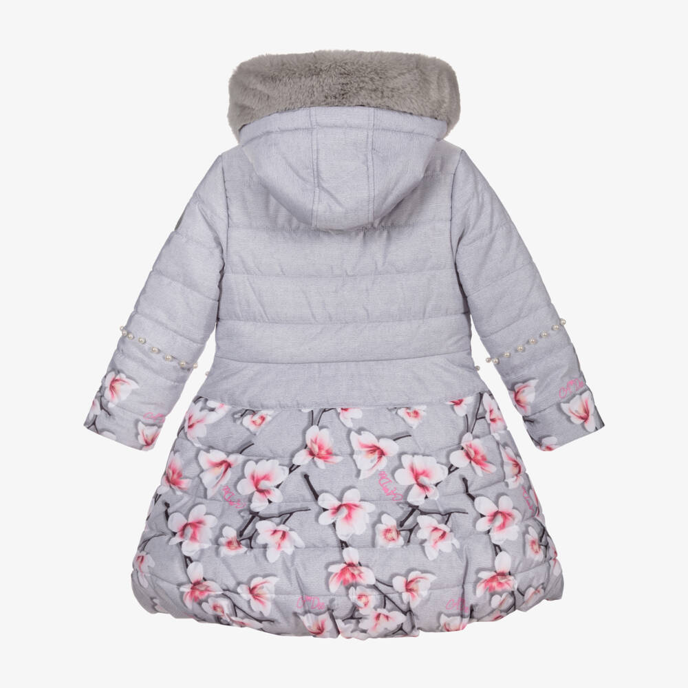 A Dee-Grey & Pink Floral Puffer Coat | Childrensalon Outlet