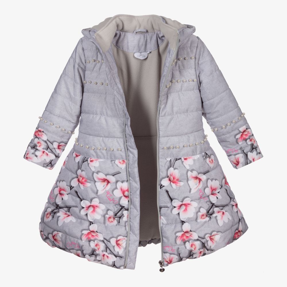 A Dee-Grey & Pink Floral Puffer Coat | Childrensalon Outlet