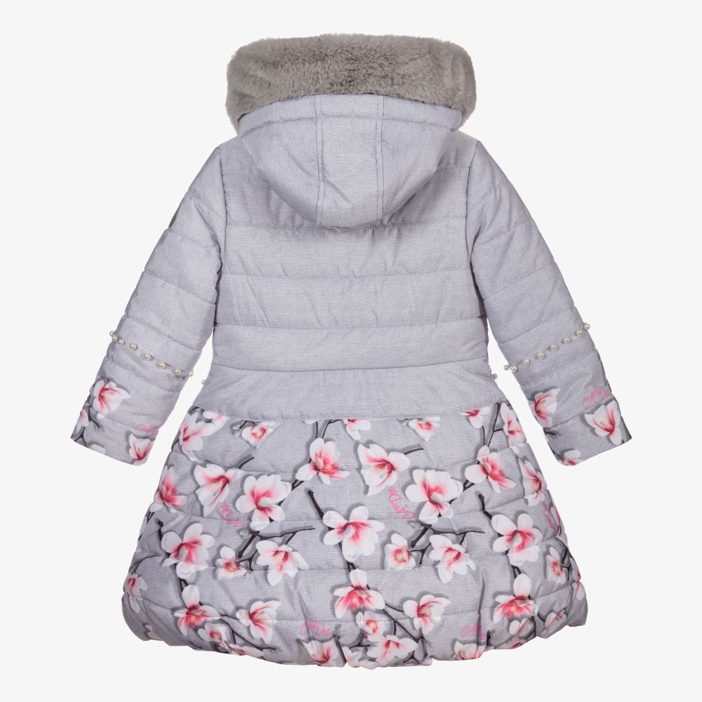A Dee-Grey & Pink Floral Puffer Coat | Childrensalon Outlet