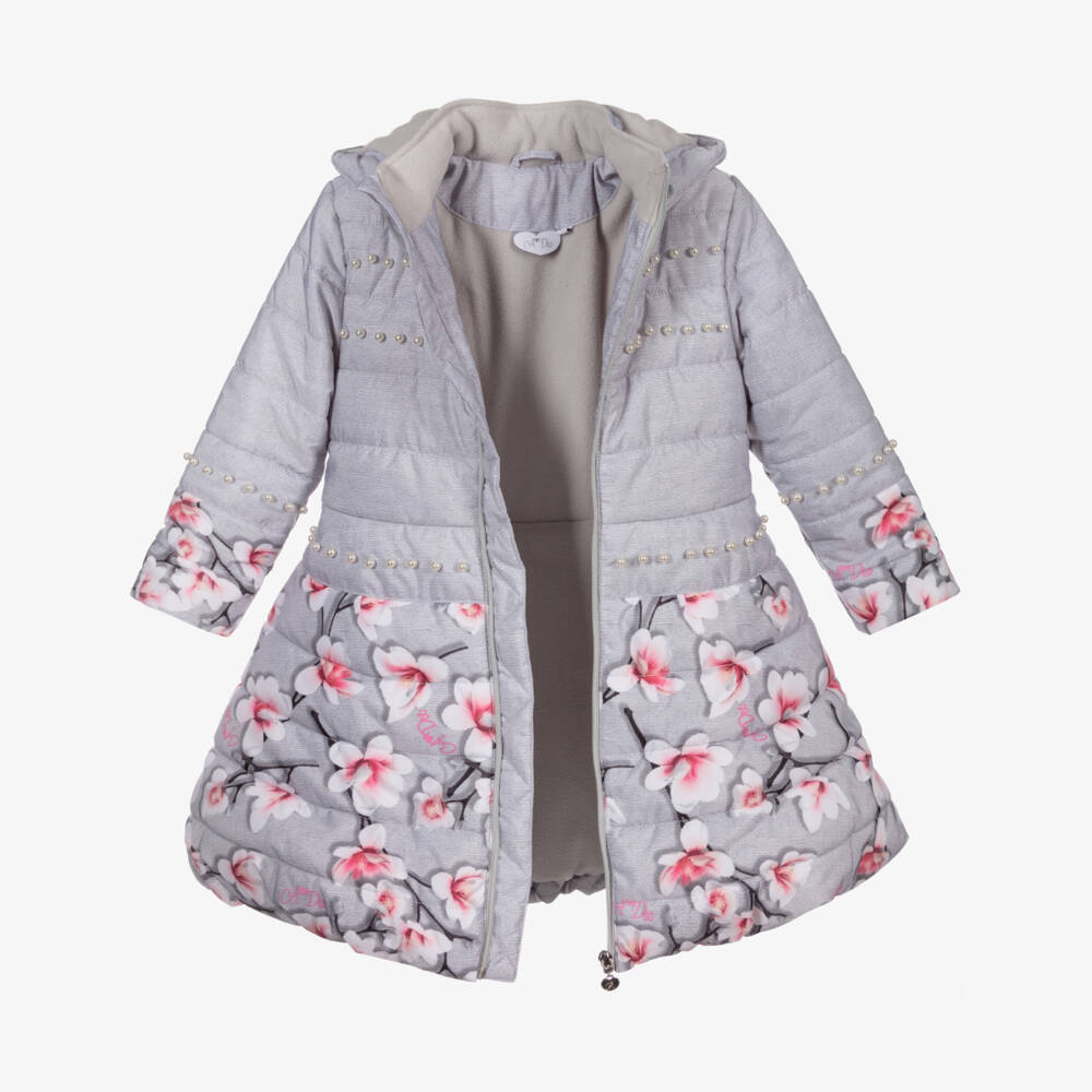A Dee-Grey & Pink Floral Puffer Coat | Childrensalon Outlet