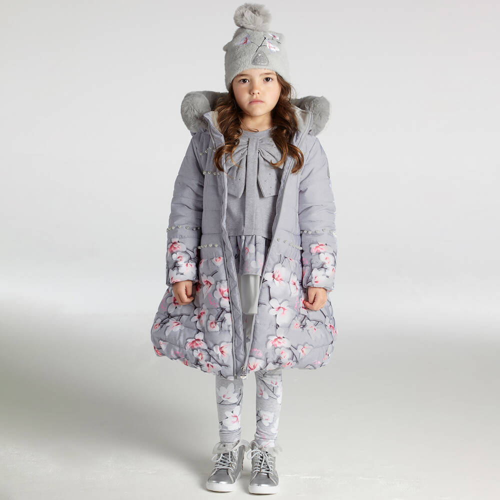 A Dee-Grey & Pink Floral Puffer Coat | Childrensalon Outlet