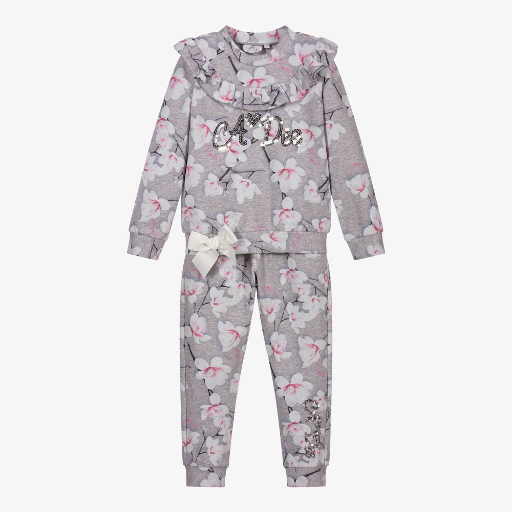 A Dee - Grey & Pink Floral Tracksuit | Childrensalon