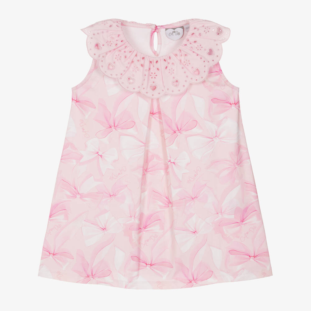 A Dee-Pink Bow Print Broderie Collar Dress | Childrensalon Outlet