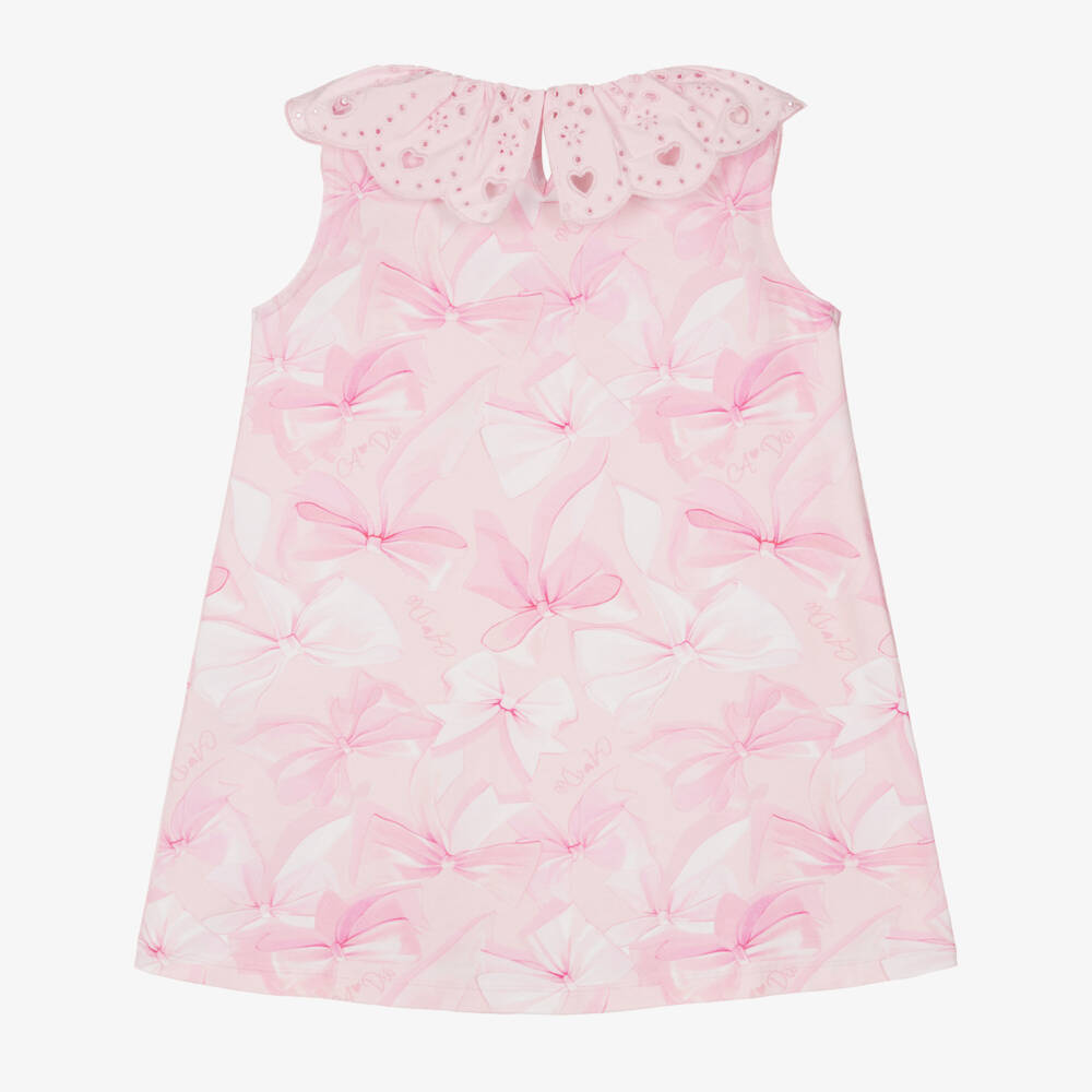 A Dee-Pink Bow Print Broderie Collar Dress | Childrensalon Outlet