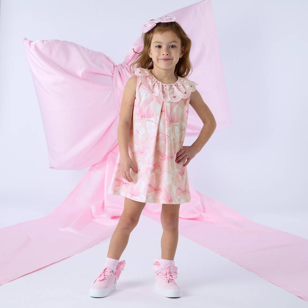 A Dee-Pink Bow Print Broderie Collar Dress | Childrensalon Outlet