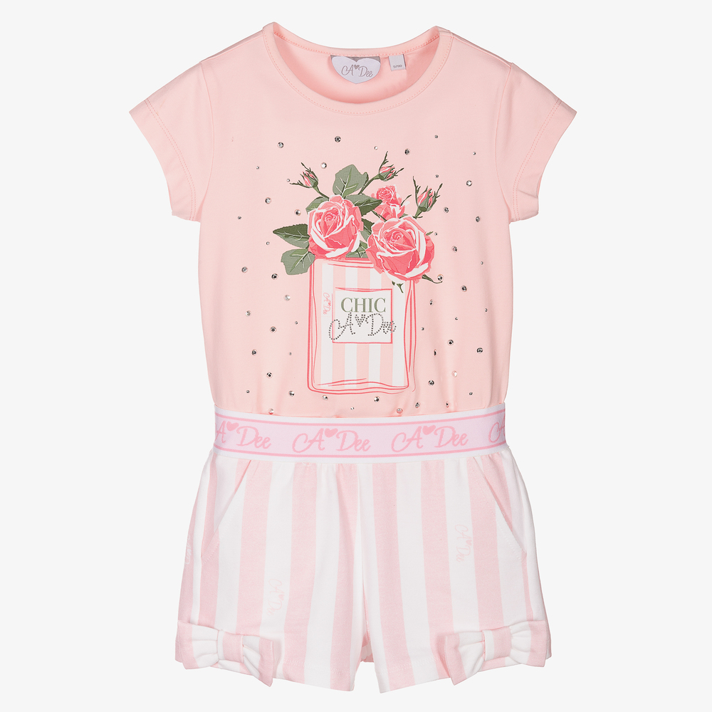 A Dee - Розовая футболка с розами и шорты в полоску | Childrensalon