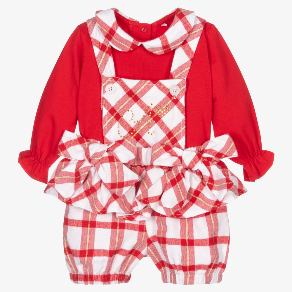 A Dee - Red Check Dungaree Shorts Set | Childrensalon