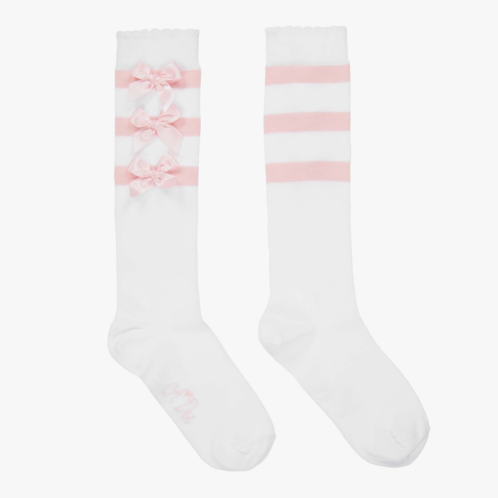 A Dee - White & Pink Cotton Knee Socks | Childrensalon