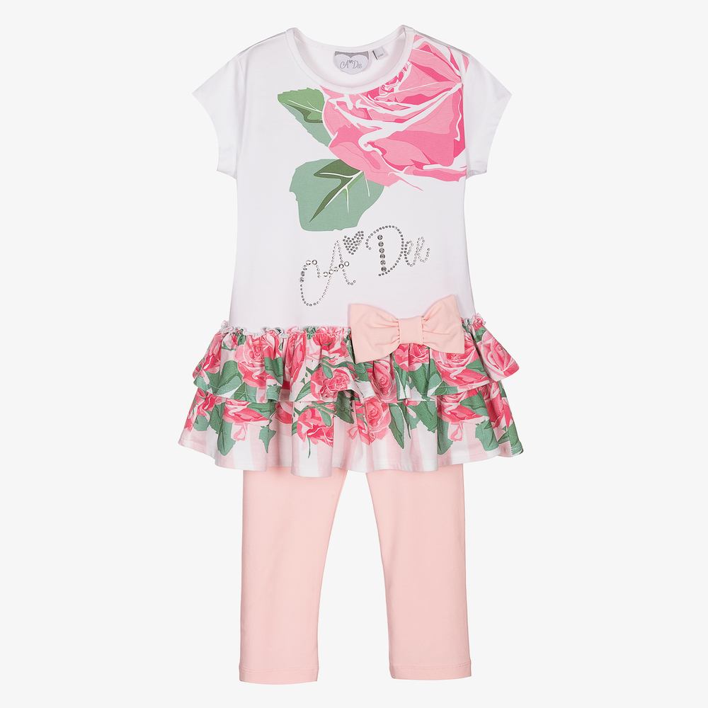 A Dee - White & Pink Rose Leggings Set | Childrensalon