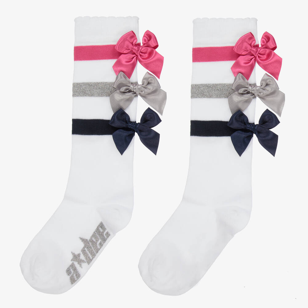 A Dee - White Striped Bow Socks | Childrensalon