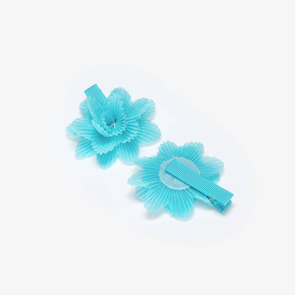 Abel & Lula-Blue Plisse Flower Hair Clips 2pk | Childrensalon Outlet