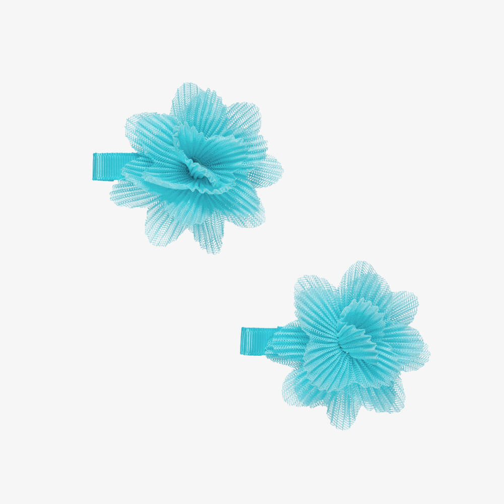 Abel & Lula-Blue Plisse Flower Hair Clips 2pk | Childrensalon Outlet