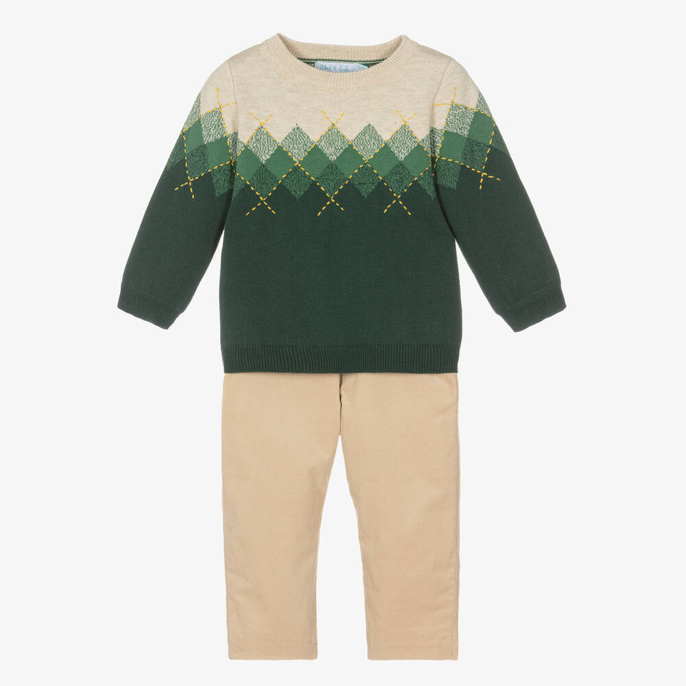 Abel & Lula - Зеленый свитер и бежевые брюки из хлопка | Childrensalon