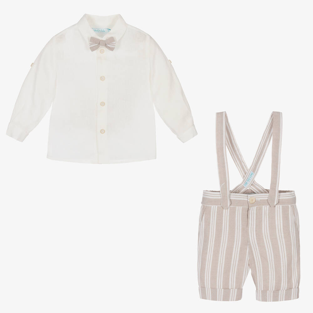 Abel & Lula-طقم شورت أطفال ولادي قطن وكتان لون أبيض وبيج | Childrensalon Outlet