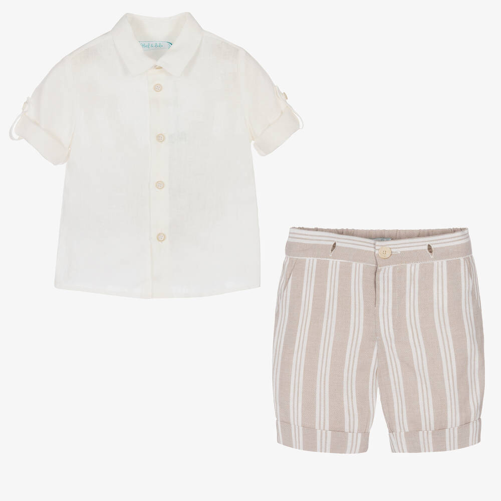 Abel & Lula-طقم شورت أطفال ولادي قطن وكتان لون أبيض وبيج | Childrensalon Outlet