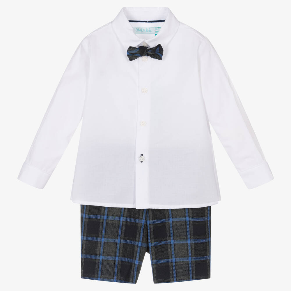 Abel & Lula - Boys Blue & Grey Check Shorts Set | Childrensalon