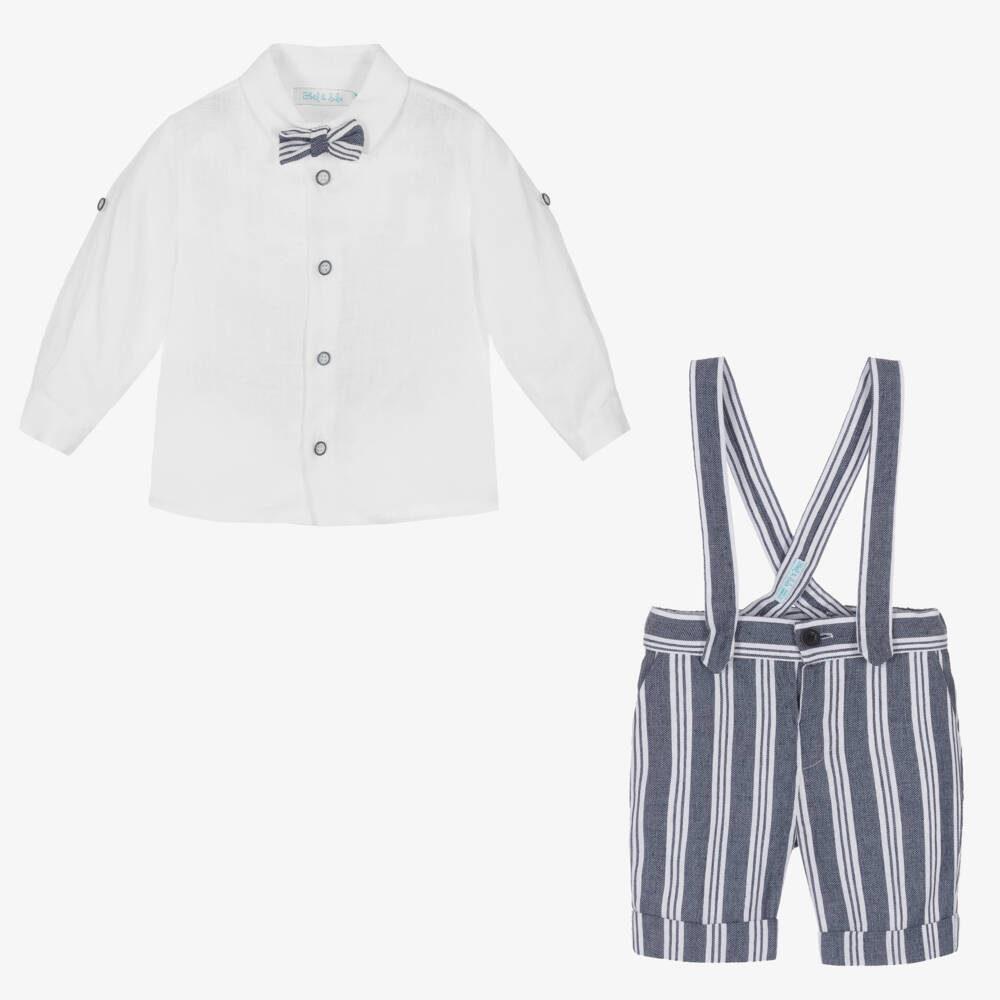 Abel & Lula-Boys Blue Linen & Cotton Striped Shorts Set | Childrensalon Outlet