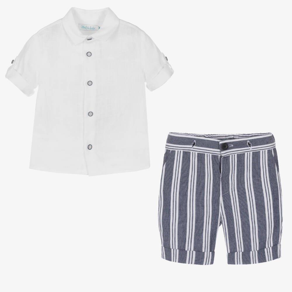 Abel & Lula-Boys Blue Linen & Cotton Striped Shorts Set | Childrensalon Outlet