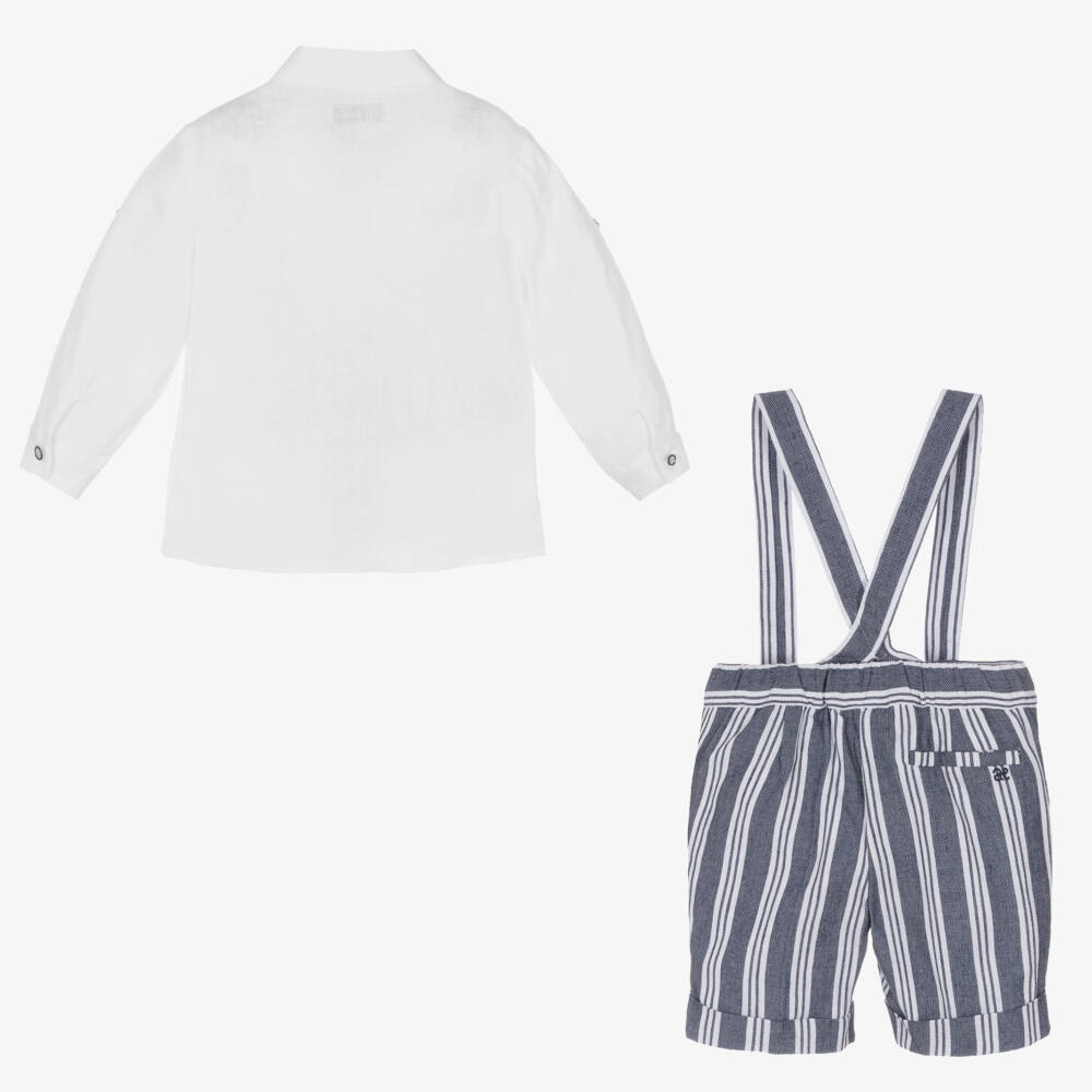 Abel & Lula-Boys Blue Linen & Cotton Striped Shorts Set | Childrensalon Outlet