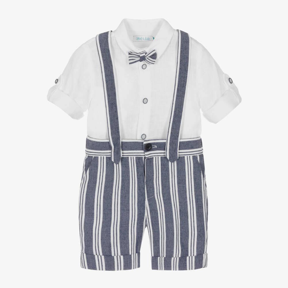 Abel & Lula-Boys Blue Linen & Cotton Striped Shorts Set | Childrensalon Outlet