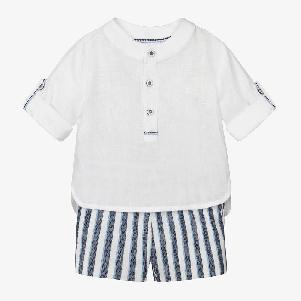 Abel & Lula - Boys Blue & White Striped Linen Shorts Set  | Childrensalon