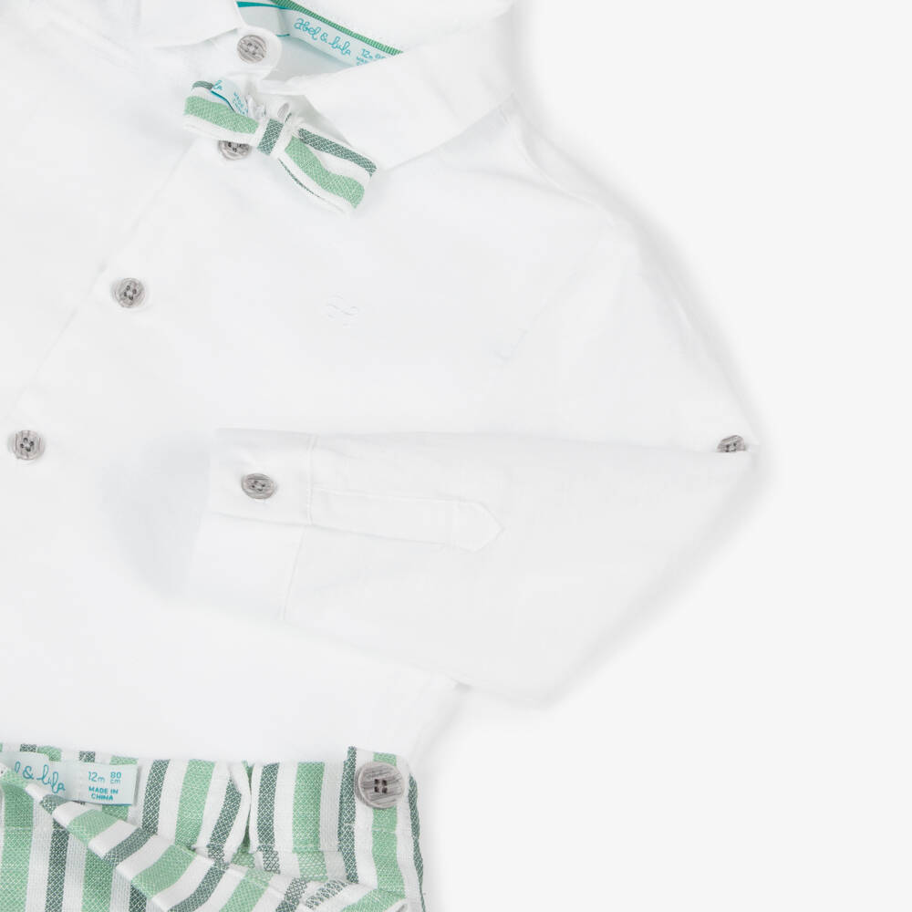 Abel & Lula-Boys Green Linen Striped Ensemble | Childrensalon Outlet