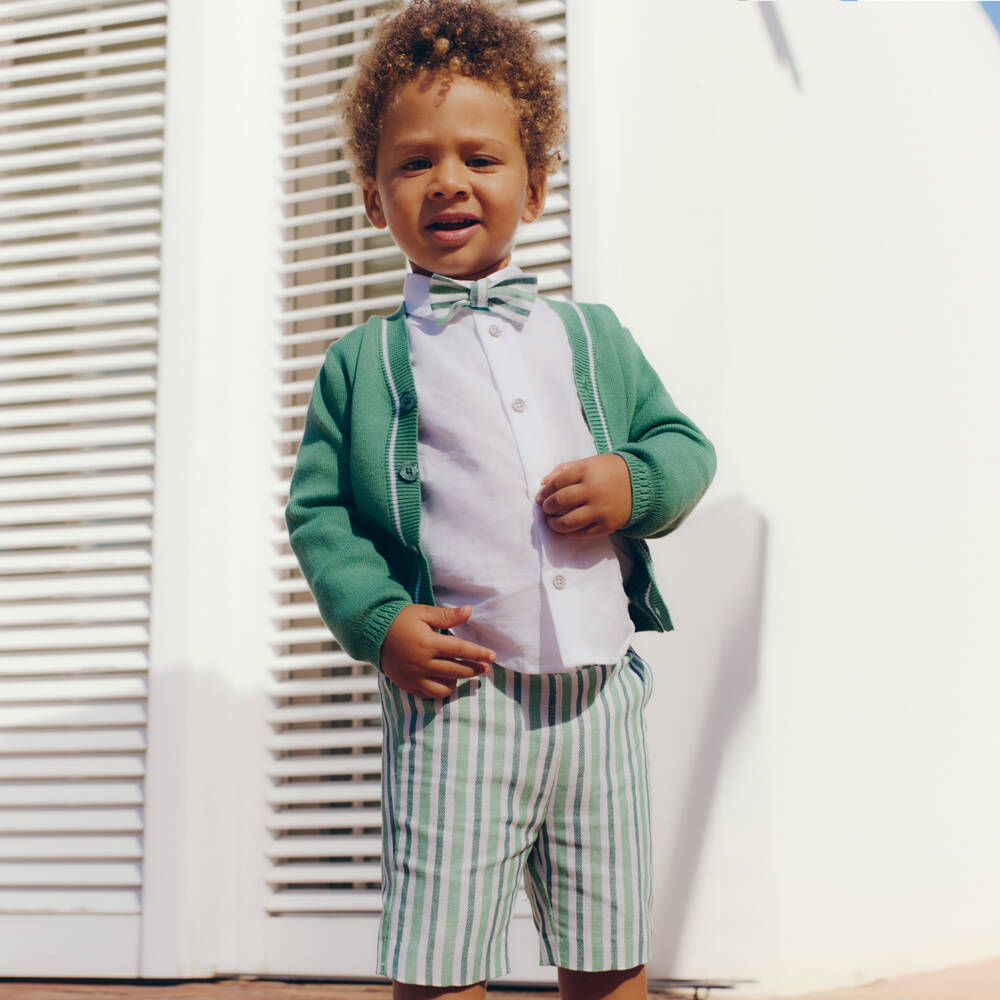 Abel & Lula-Boys Green Linen Striped Ensemble | Childrensalon Outlet