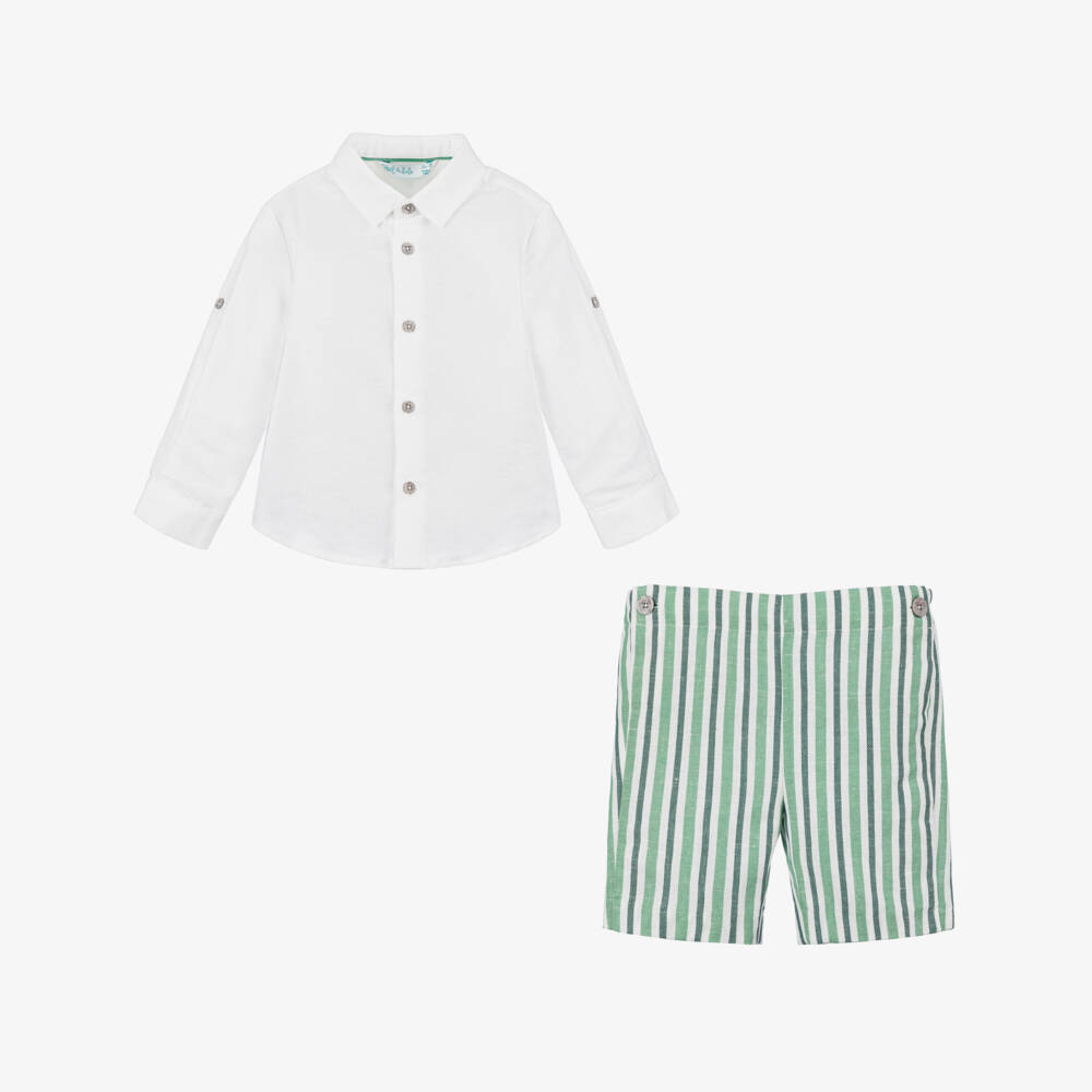 Abel & Lula-Boys Green Linen Striped Ensemble | Childrensalon Outlet