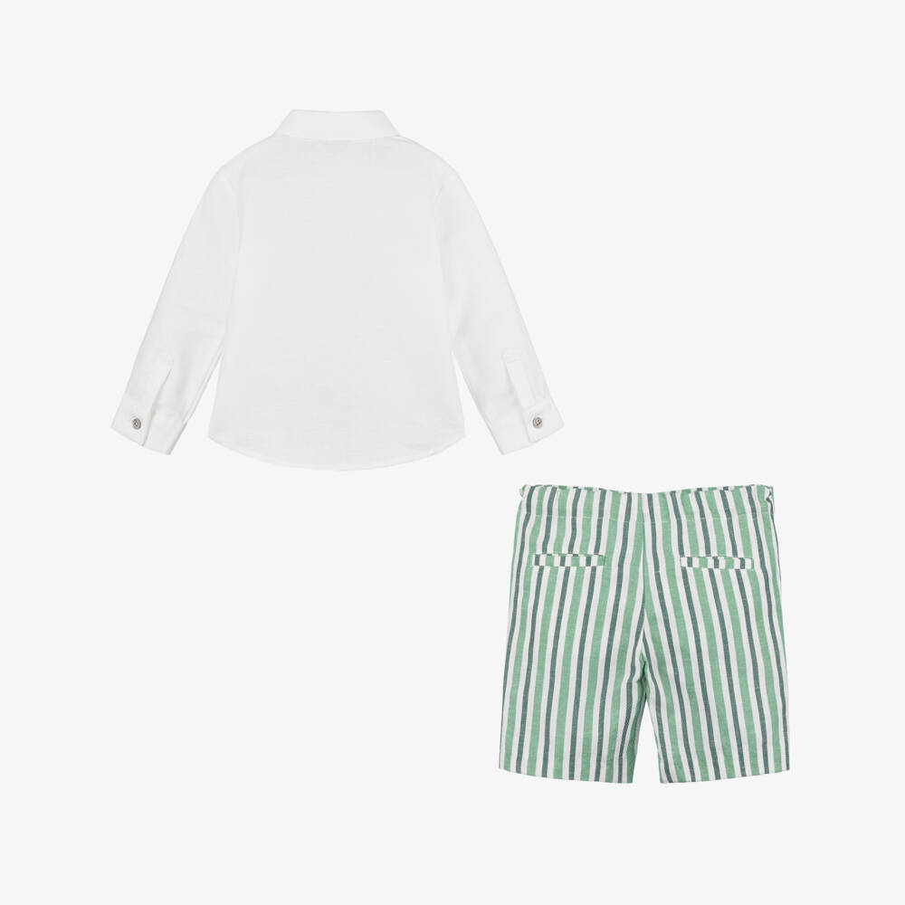 Abel & Lula-Boys Green Linen Striped Ensemble | Childrensalon Outlet