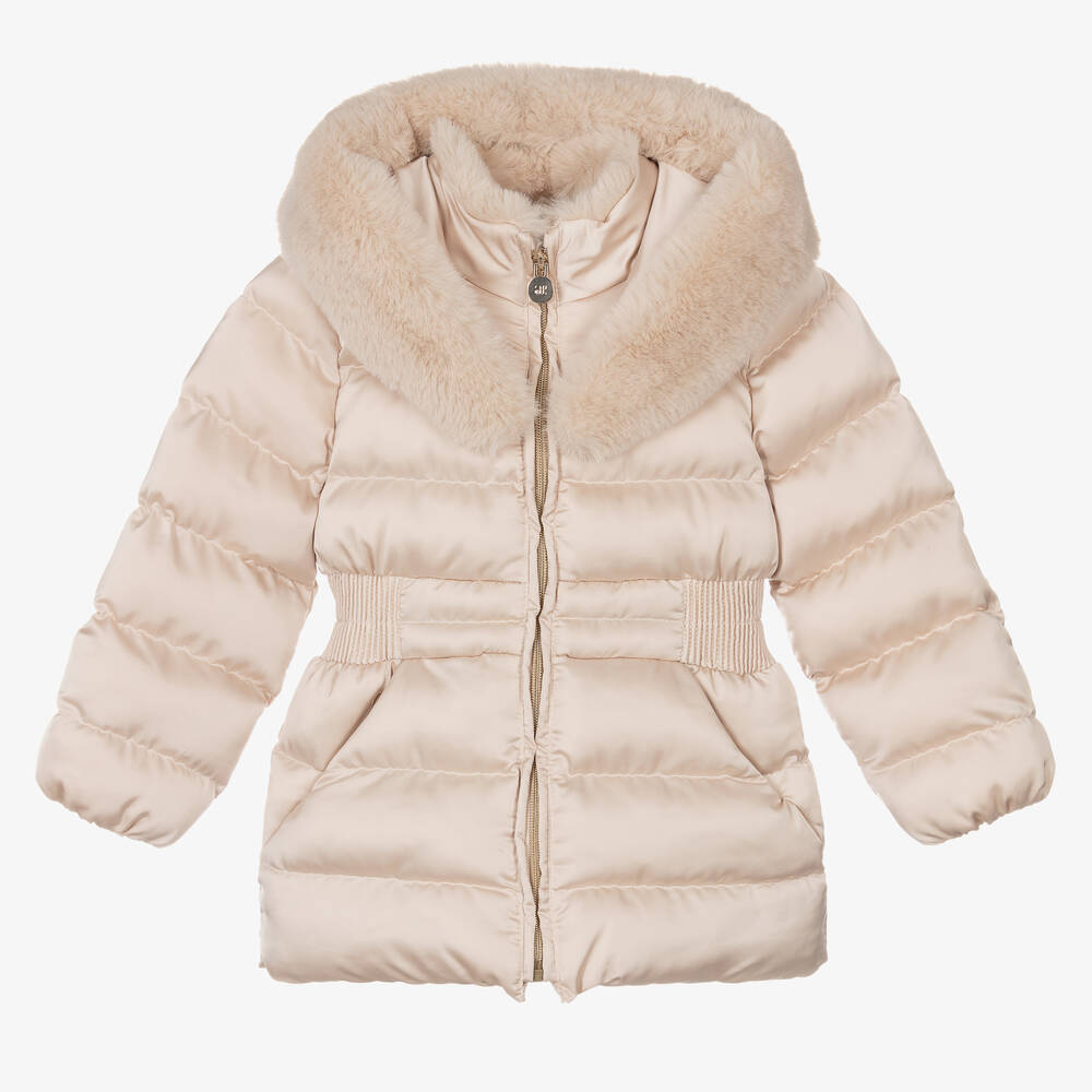 Abel & Lula-Girls Beige Hooded Puffer Coat | Childrensalon Outlet