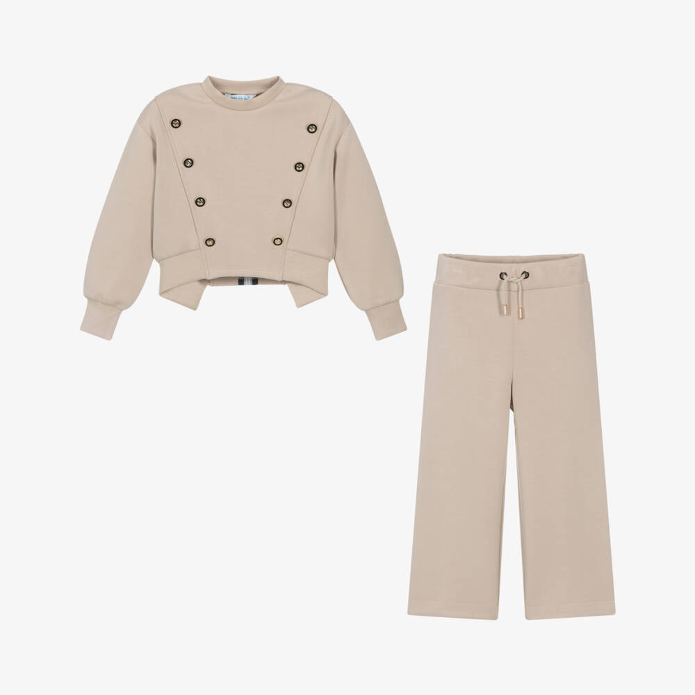 Abel & Lula-Girls Beige Jersey Wide-Leg Trouser Set | Childrensalon Outlet