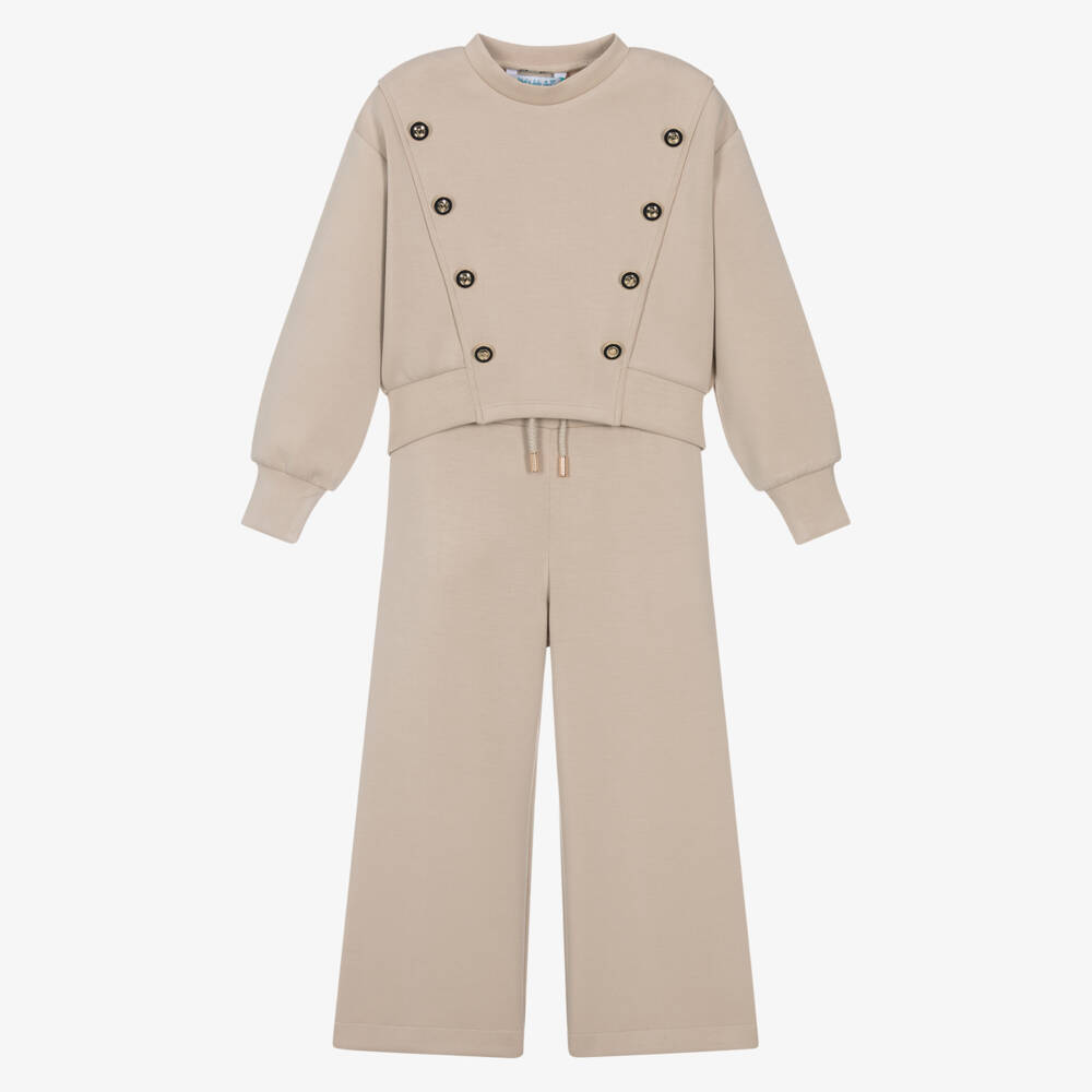 Abel & Lula-Girls Beige Jersey Wide-Leg Trouser Set | Childrensalon Outlet