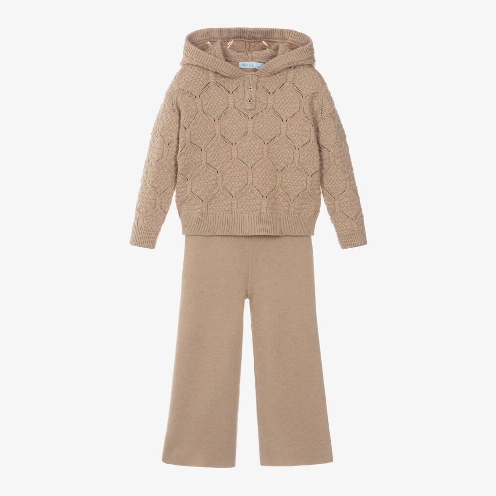 Abel & Lula-Girls Beige Knit Trouser Outfit | Childrensalon Outlet