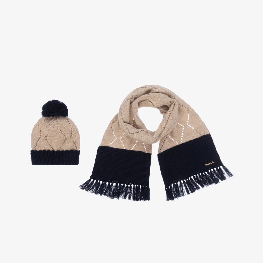 Abel & Lula-Girls Beige Knitted Hat & Scarf Set | Childrensalon Outlet