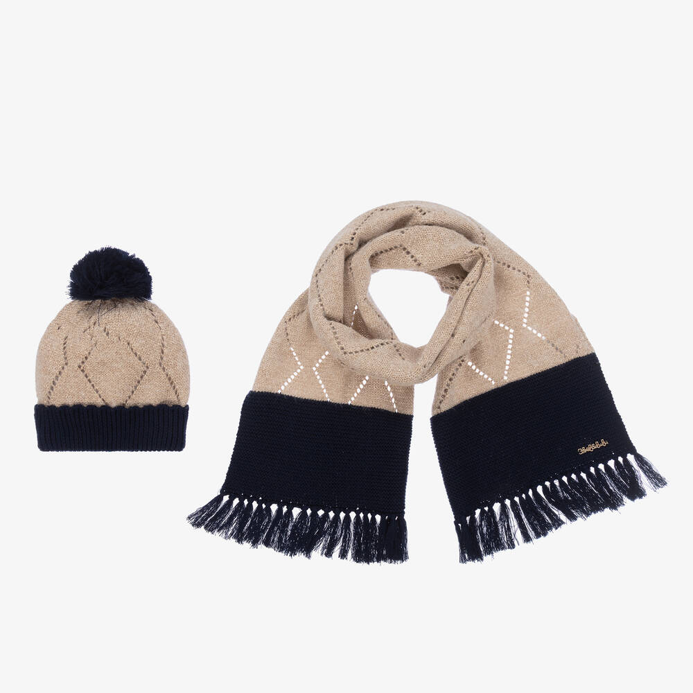 Abel & Lula - Girls Beige Knitted Hat & Scarf Set | Childrensalon