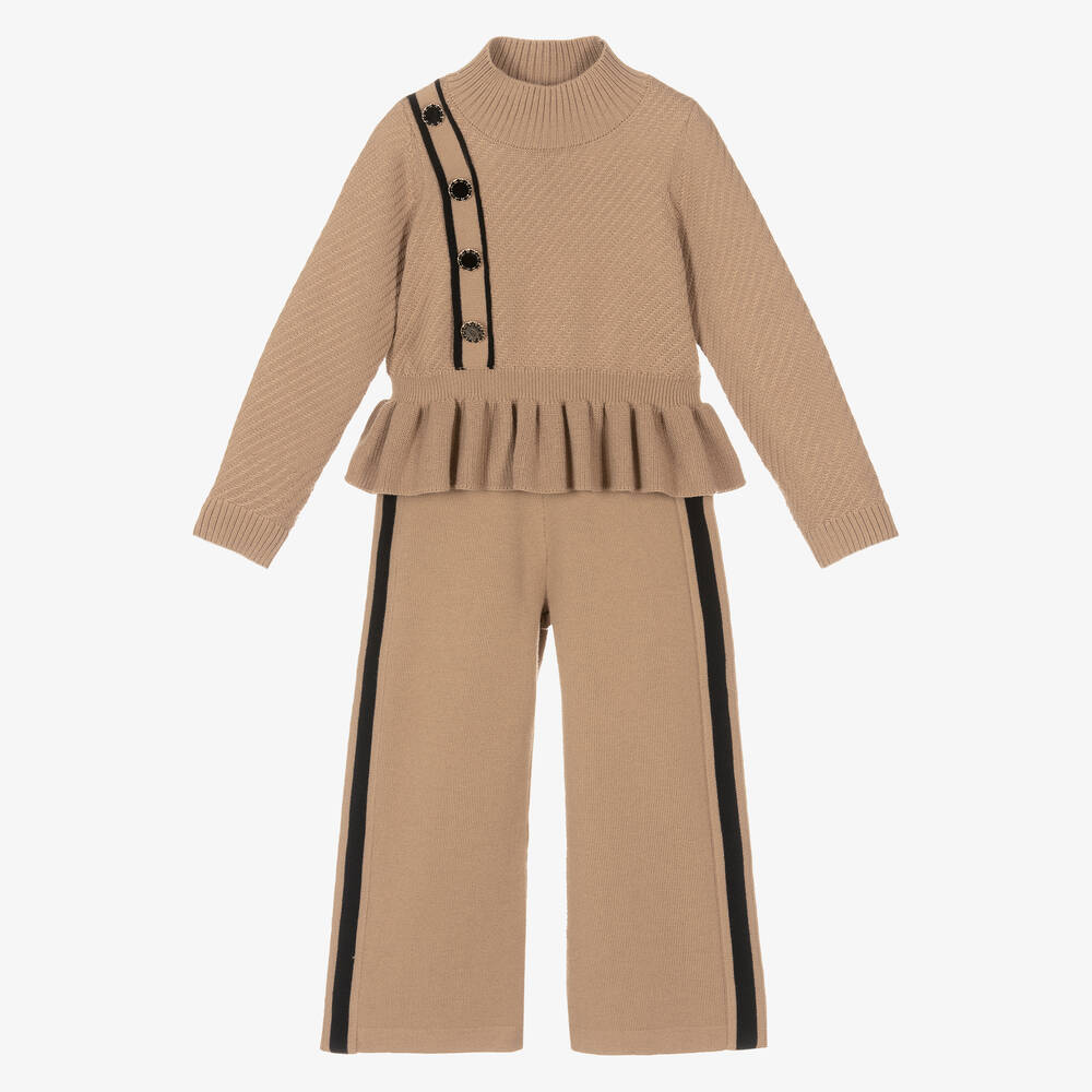 Abel & Lula-Girls Beige Knitted Trouser Set | Childrensalon Outlet