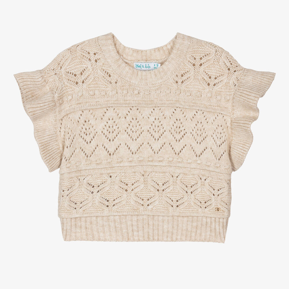 Abel & Lula-Girls Beige Ruffle Sleeve Sweater | Childrensalon Outlet