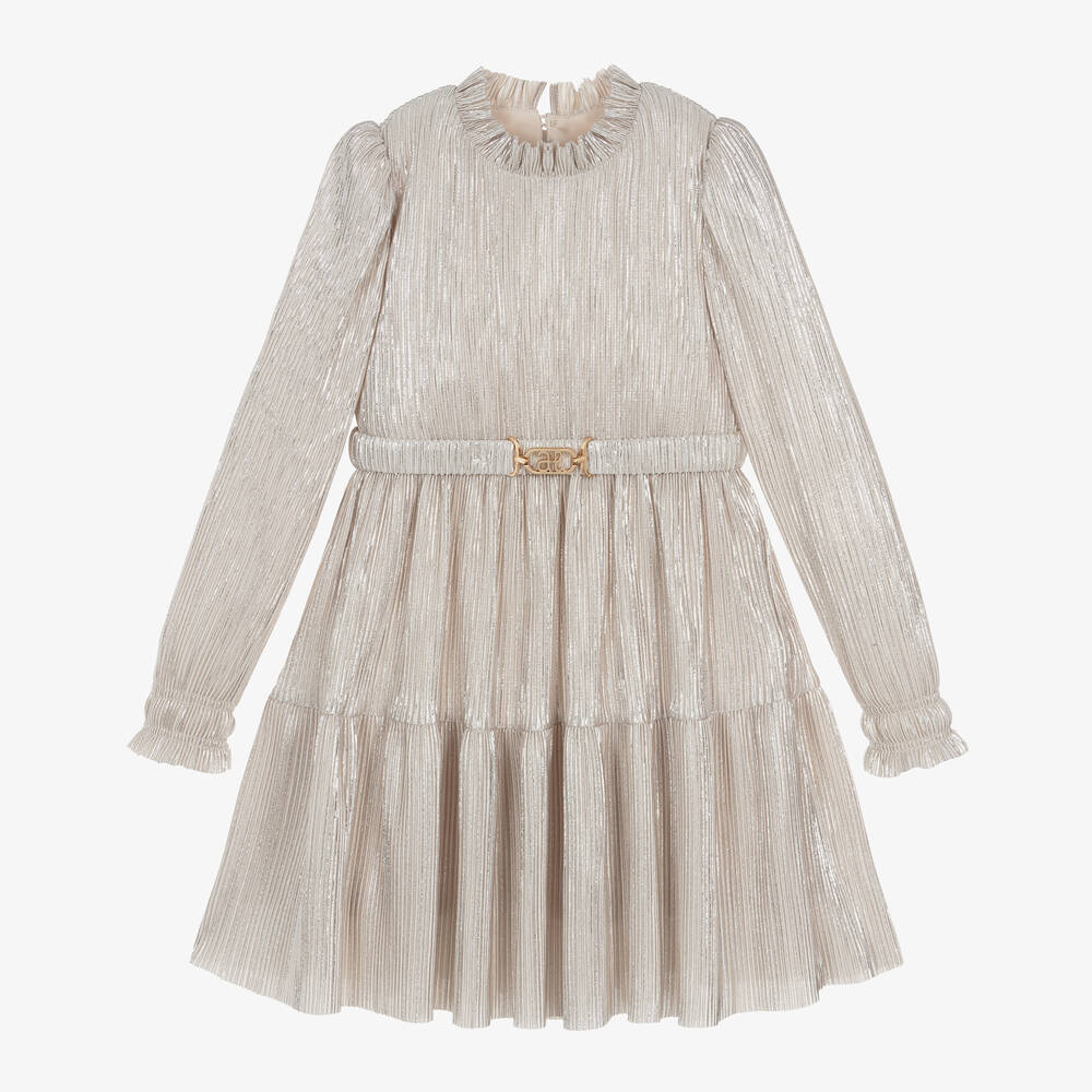 Abel & Lula-Girls Beige & Silver Plissé Dress | Childrensalon Outlet