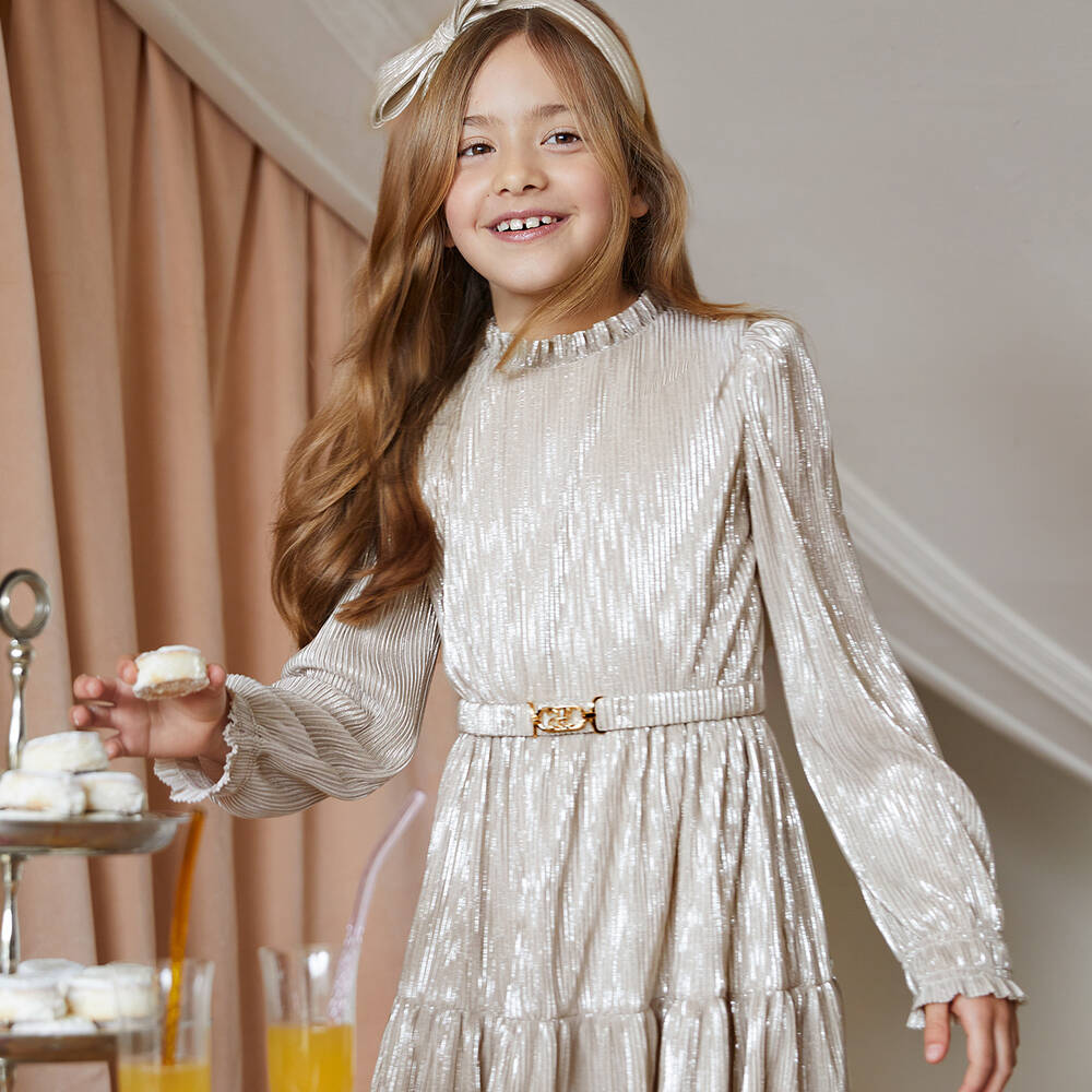 Abel & Lula-Girls Beige & Silver Plissé Dress | Childrensalon Outlet